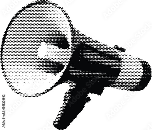 Halftone Loudspeaker: Detailed halftone illustration of a black and gray bullhorn with a handle, designed to command attention and amplify a message with force.