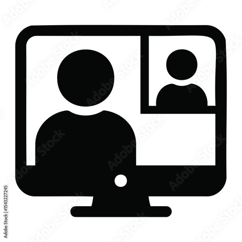 Icon of a computer screen displaying two people in a video call in black and white format design on transparent background