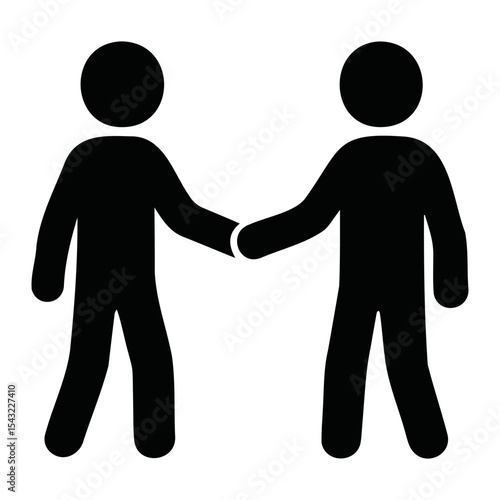 Two stick figures in black shaking hands against a white background in a simple illustration on transparent background