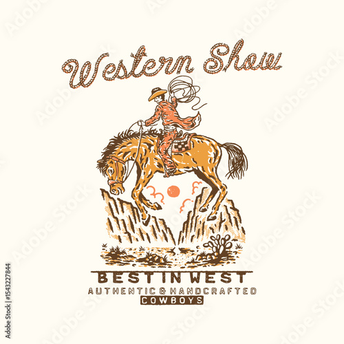 cowboy illustration rodeo graphic horse design desert badge landscape vintage western