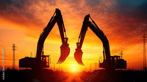 Wallpaper Mural The striking silhouettes of two excavators are framed against a breathtaking sunset, symbolizing hard work and progress in industrial and construction photography. Torontodigital.ca