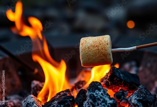 Golden brown marshmallow roasting over glowing embers in a fire pit,  delicious,  food