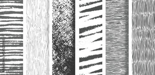 Six Vertical Gray Scale Texture Swatches Striped Wood Grain Speckled Linear Patterns Seamless Repeating Background Design Elements