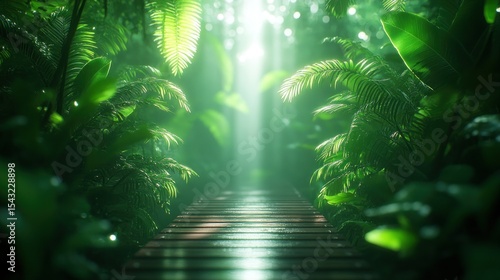 Fototapeta Naklejka Na Ścianę i Meble -  Lush jungle path with sunlight streaming through dense foliage