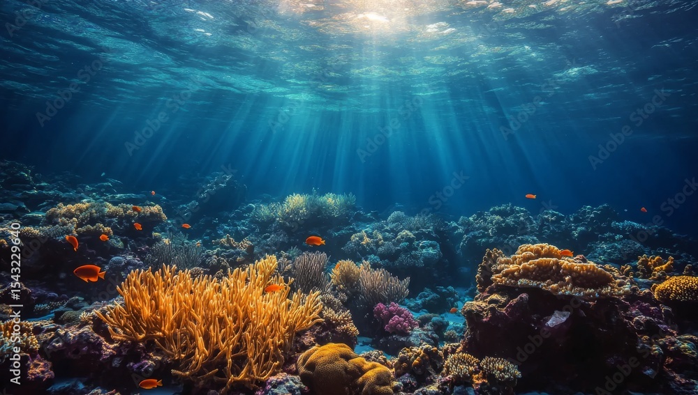 A beautiful underwater scene of coral reefs and fish swimming in the deep ocean, with sunlight filtering through the water, creating an enchanting atmosphere. A beautiful underwater scene of coral reefs and fish swimming in the deep ocean, with sunlight filtering through the water, creating an enchanting atmosphere.