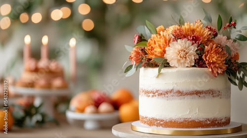 A beautiful cake adorned with fresh flowers, complementing a festive atmosphere, perfect for celebrations, showcasing artistry in baking and floral design.