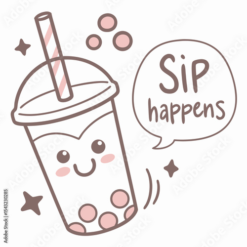 Cute cartoon boba tea cup sip happens illustration