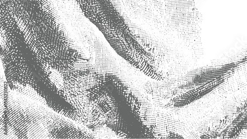 Abstract grayscale textured background featuring a stippled pattern of varying densities creating a dynamic interplay of light and dark gray tones resembling folded fabric
