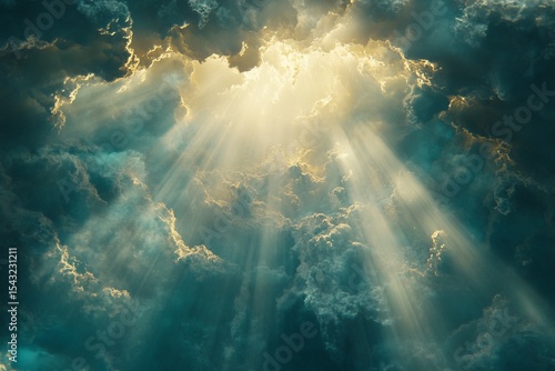 A heavenly light shining down from the clouds, god rays, the presence of the divine in heaven, cinematic, a movie scene