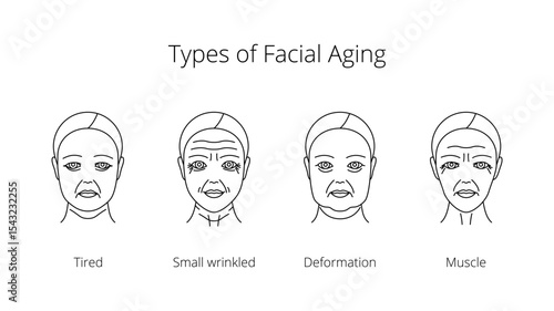 Set of icons types of facial aging: tired, small wrinkled, deformation, muscle. Women aging process illustration line style, editable stroke 