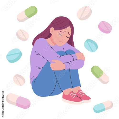 Sad girl sitting surrounded by pills. Flat vector illustration of depression, mental health crisis, or antidepressant medication concept. Isolated design on white background