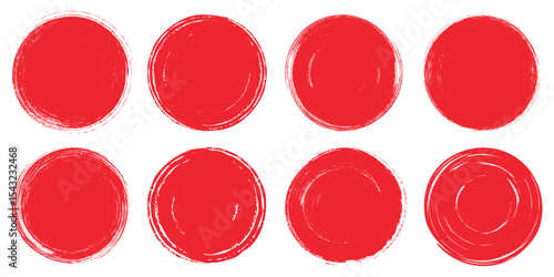 Set of hand drawn red circles. Grunge brush stroke textures, watercolor ink stamps and rough round badges. Vector illustration