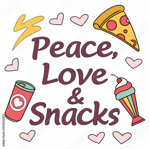 Peace love snacks pizza soda ice cream hearts