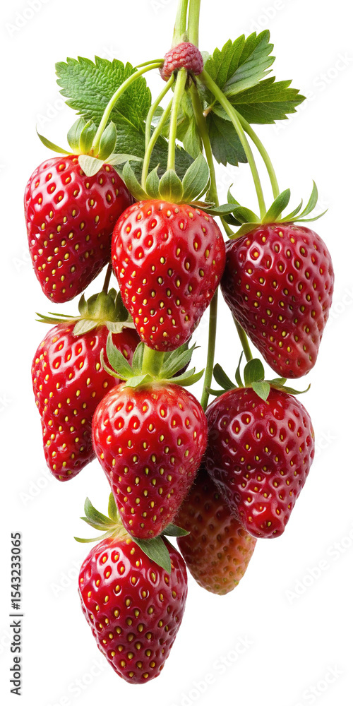 Beautiful Hanging Bunch of Fresh Ripe Red Strawberries with Green Leaves Beautiful Hanging Bunch of Fresh Ripe Red Strawberries with Green Leaves