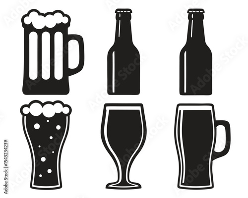 Assorted green and brown beer bottles and a glass filled with golden lager, isolated on white