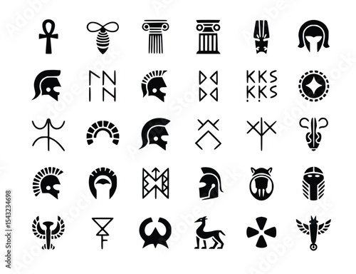 Collection of diverse graphic symbols showcases mythology, ancient history, and symbolic artwork, silhouette