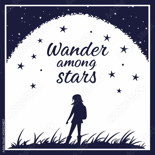 Girl wanderer among stars night sky silhouette