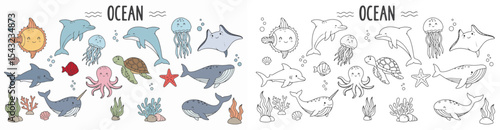 Cute Hand Drawn Ocean Animal Vector Set with Dolphin Whale Turtle Octopus Jellyfish Shark and Coral Elements Isolated on White Background for Kids and Educational Designs


