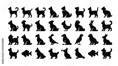 Collection of animal silhouettes including dogs, cats, rabbits, fish, birds, and a seal, all isolated on a white background.