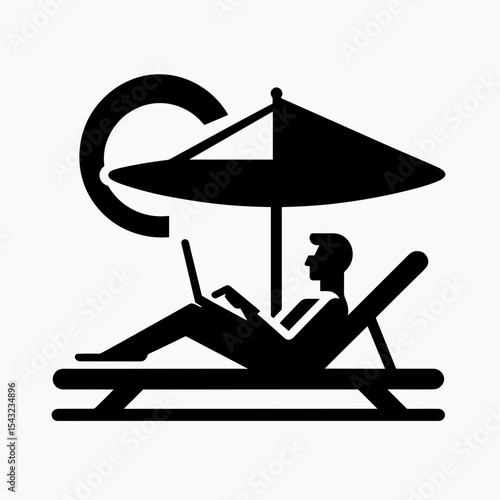 Man relaxing on beach lounger using laptop under sun umbrella  