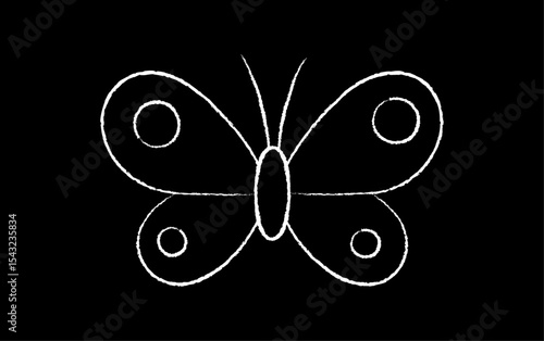 Symmetrical hand-drawn butterfly icon with dots and wings on a black background. Cute chalk doodle symbol, simple crayon element.
