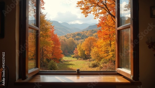 Fototapeta Naklejka Na Ścianę i Meble -  Open window view picturesque autumn landscape. Vibrant foliage, colorful trees, mountain scenery, bright sunlight create inviting mood. Outdoors scenic beauty, warm atmosphere. Autumn season