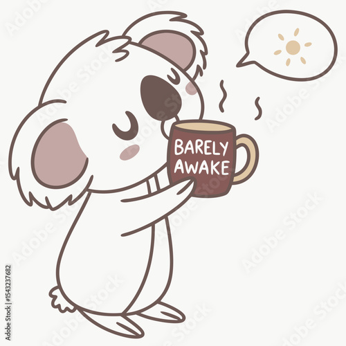 Adorable koala with coffee mug, barely awake, transparent png