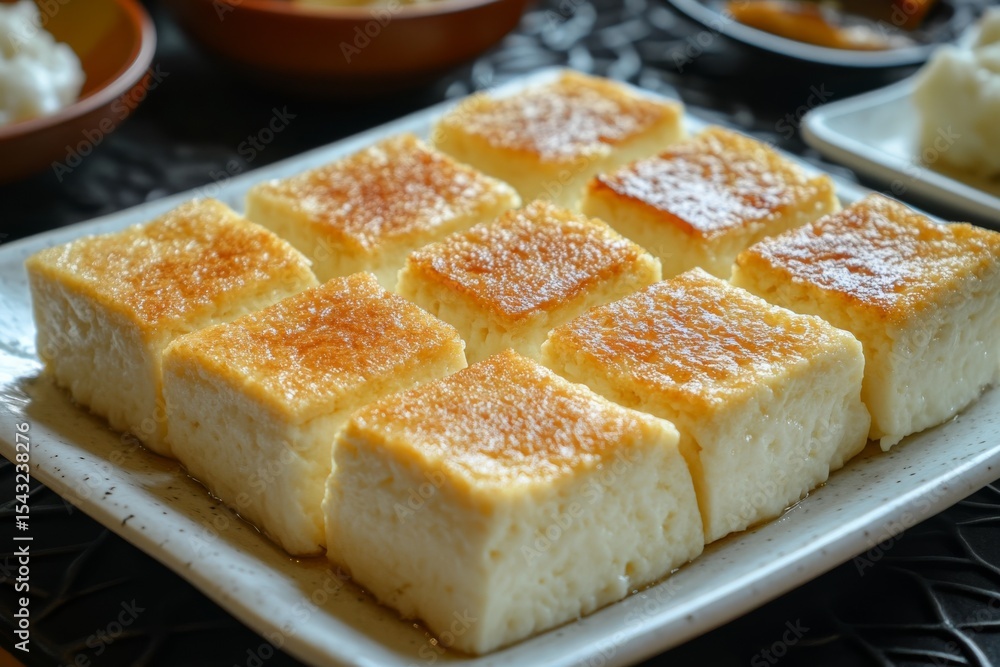 Tofu pan with a golden crust, cut into squares on a white plate, close-up of traditional Chinese food. Rasogolla is an Indian sweet made from curd and sugar. Asian delicacy. The background features Tofu pan with a golden crust, cut into squares on a white plate, close-up of traditional Chinese food. Rasogolla is an Indian sweet made from curd and sugar. Asian delicacy. The background features