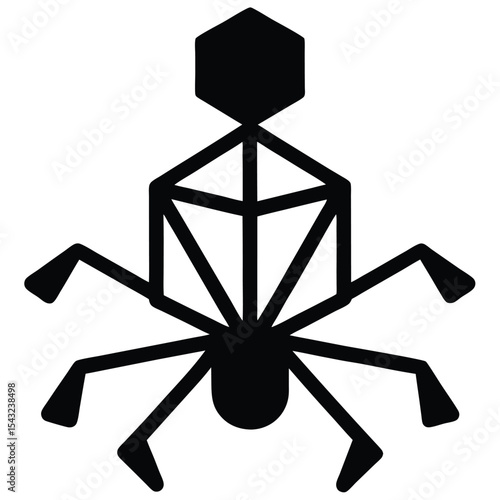 Abstract black silhouette of a bacteriophage virus with geometric shapes and linear structure