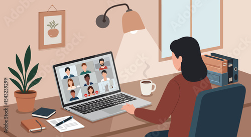 Remote Work Woman in Home Office Participating in Online Video Conference Meeting