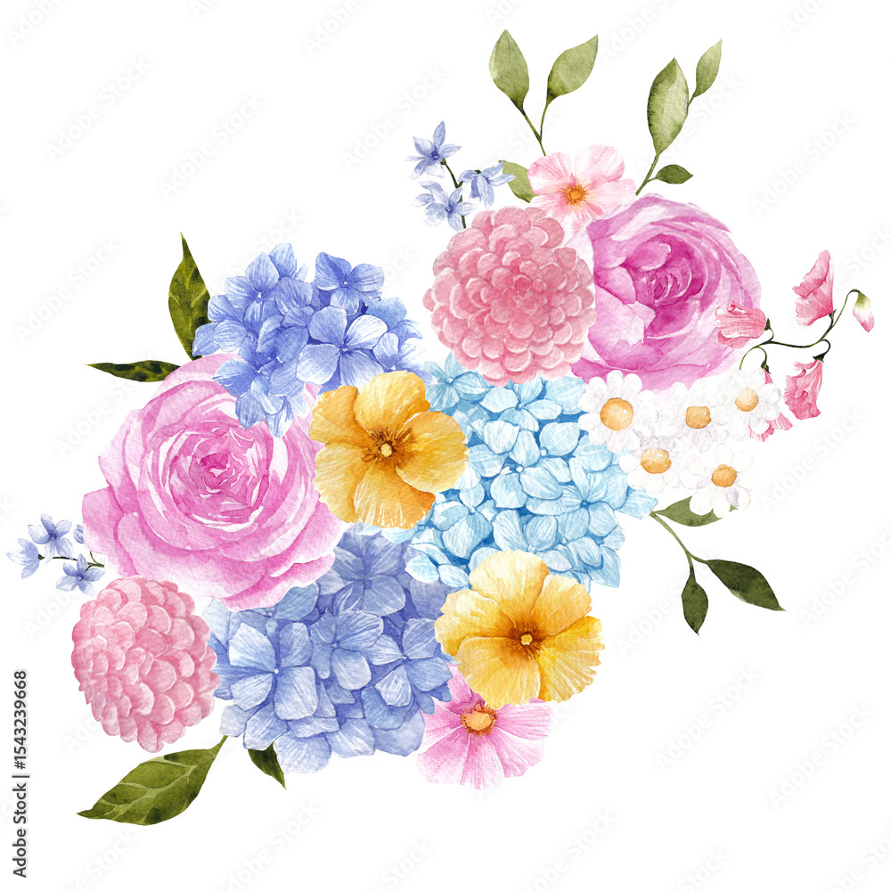 Fototapeta premium Hand draw watercolor floral bouquet, romantic bloom, colorful flowers, isolated on white background