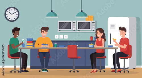 Happy Coworkers Enjoying Lunch Break Together in Office Breakroom