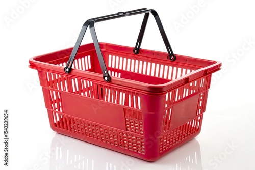 Bright red shopping basket on a clean white background, ideal for retail or grocery use