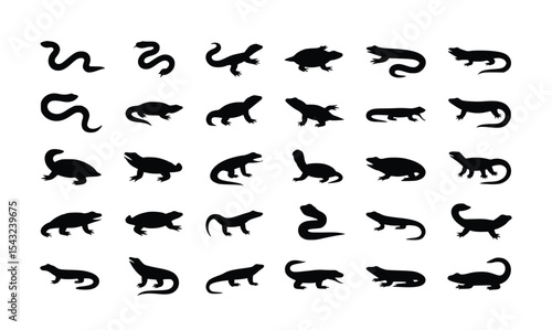 Diverse silhouettes of reptiles displayed showcasing snakes and lizards in varied poses against a clean white background.