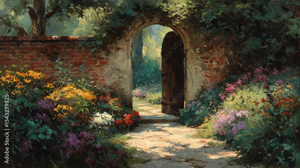 Fototapeta premium Sunlit Garden Path Through Archway