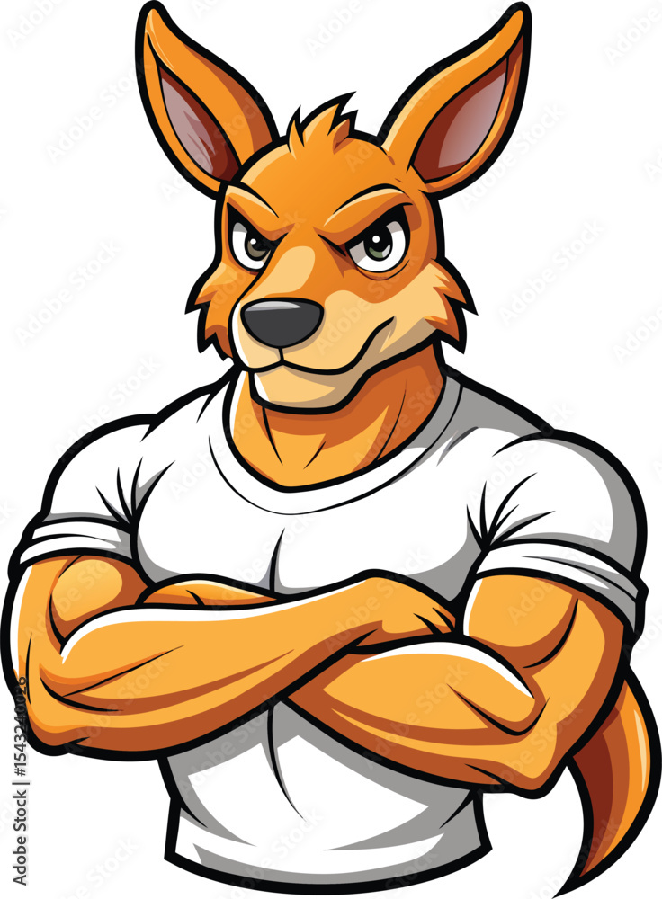 Obraz premium Cartoon muscular kangaroo isolated on white background. Kangaroo bodybuilder shows strong arms, biceps. Side view. Vector illustration, t-shirt design, t-shirt logo