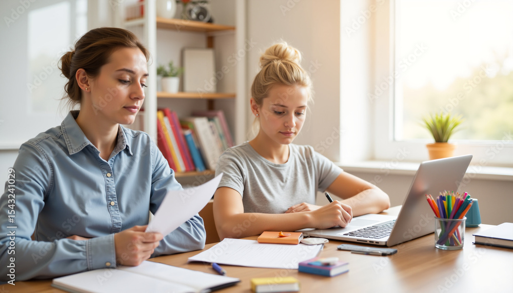 Obraz premium Two young women studying together at a desk with laptop and papers 
