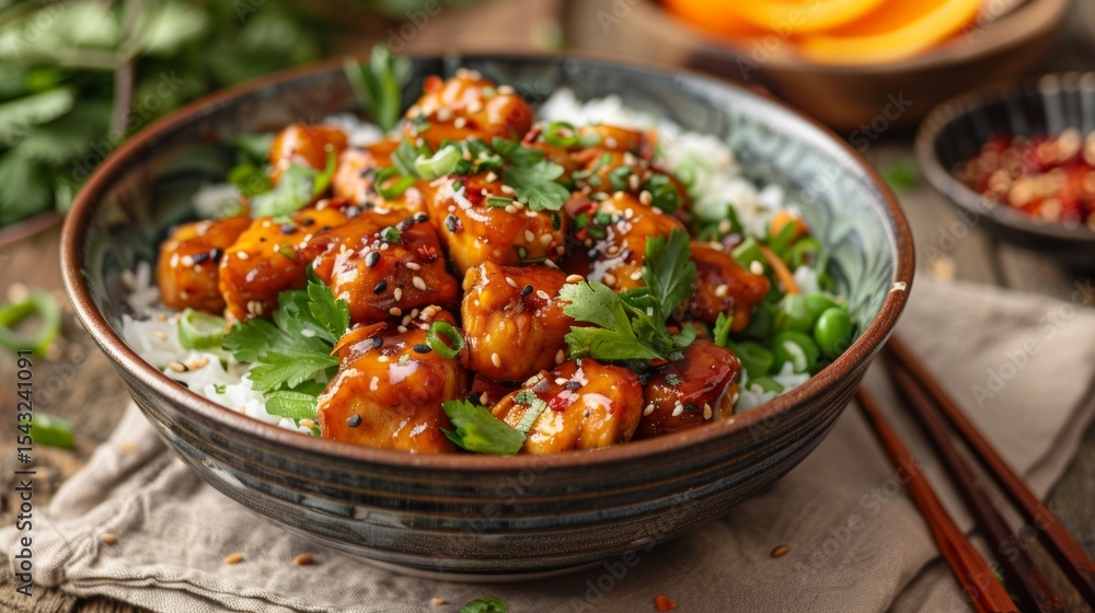 The fried chicken to a golden brown and coated in a rich, glossy sauce, likely sweet and savory. The fried chicken to a golden brown and coated in a rich, glossy sauce, likely sweet and savory.
