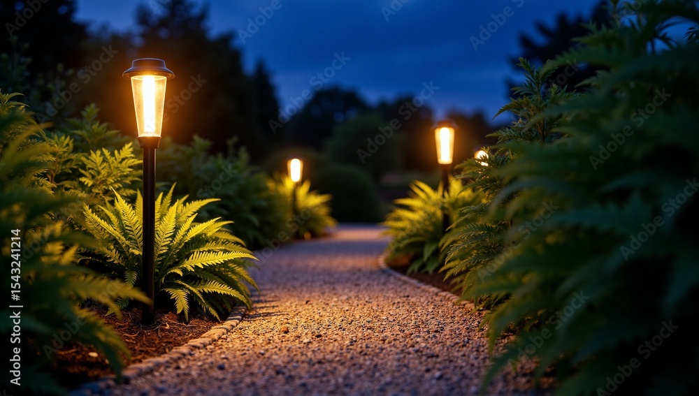 Obraz premium Illuminated garden path at night with lights and plants creating warm ambiance