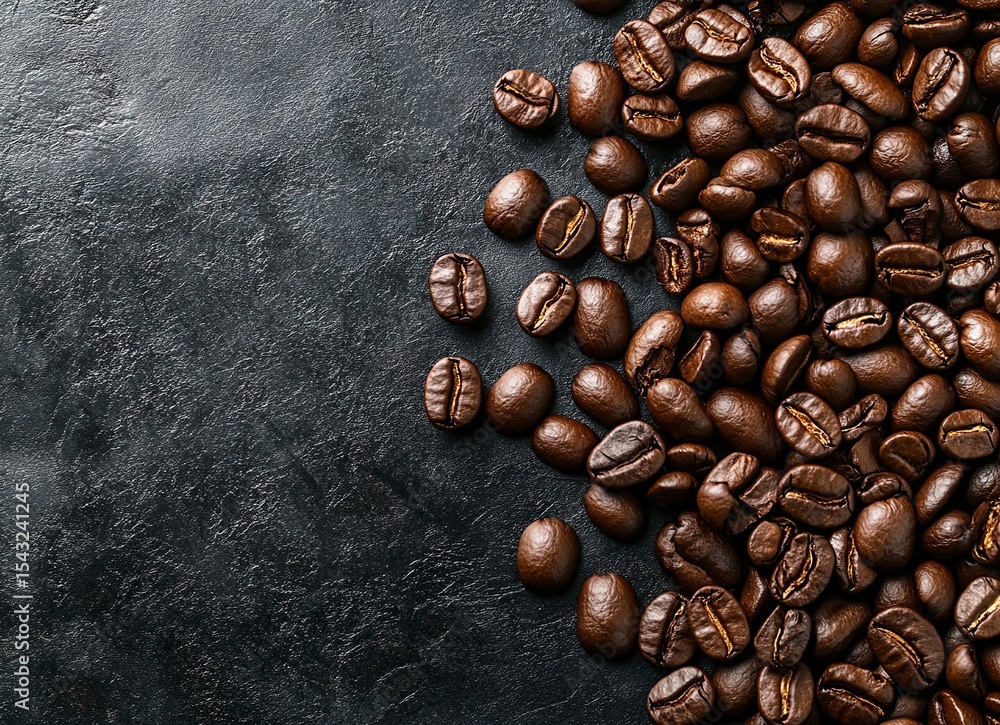 Top view of coffee beans background, flat lay. Closeup shot of raw dark brown coffee on a black surface. Colorful texture for product design and advertising. Vector illustration with copy space. Top view of coffee beans background, flat lay. Closeup shot of raw dark brown coffee on a black surface. Colorful texture for product design and advertising. Vector illustration with copy space.