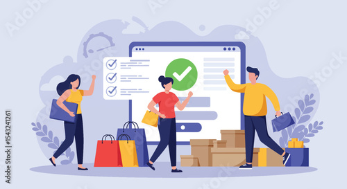 Successful Online Shopping Happy Customers with Completed Orders and Deliveries
