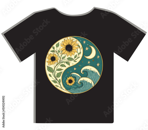 Yin Yang Sunflowers and Ocean Waves T-Shirt Design
