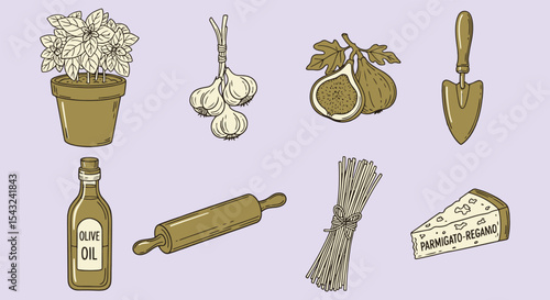 Rustic Italian pantry bundle, hand drawn olive oil garlic figs parmesan rolling pin herbs trowel and wheat. Vintage farmhouse cooking clipart