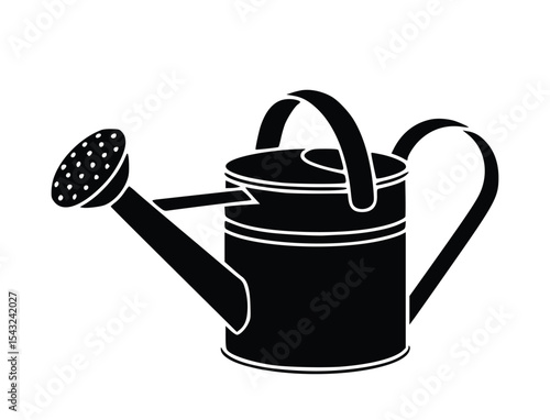 Watering can illustration in black and white depicts gardening and plant care, ideal for agricultural, floral, and landscaping themes, silhouette