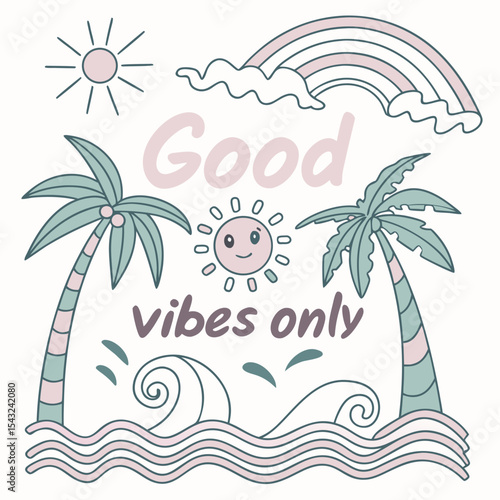 Good vibes only summer beach palm trees rainbow sun