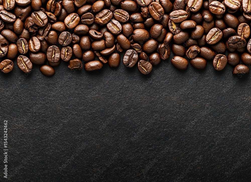 Top view of coffee beans background, flat lay. Closeup shot of raw dark brown coffee on a black surface. Colorful texture for product design and advertising. Vector illustration with copy space. Top view of coffee beans background, flat lay. Closeup shot of raw dark brown coffee on a black surface. Colorful texture for product design and advertising. Vector illustration with copy space.