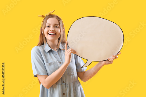 Happy young woman with blan...
