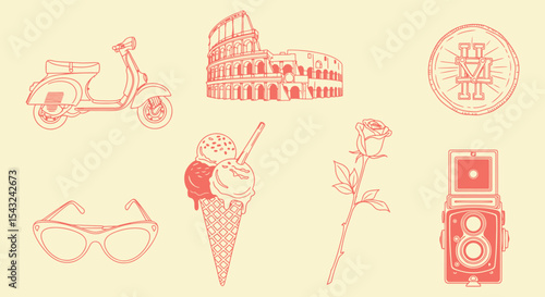 Vintage Italian holiday icon set, coral line Vespa scooter, Colosseum gelato rose coin sunglasses and twin lens camera. La Dolce Vita travel sketch.