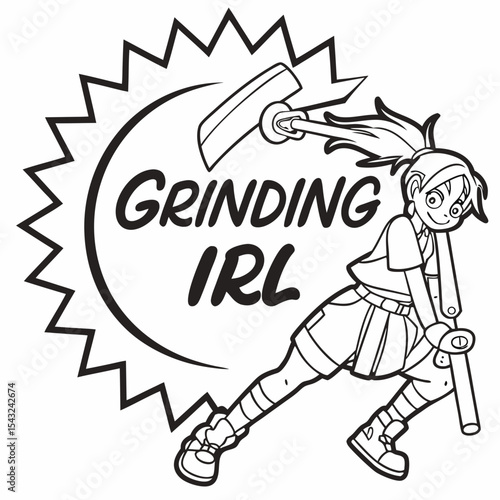 Girl grinding irl, cartoon character, vector illustration, transparent background