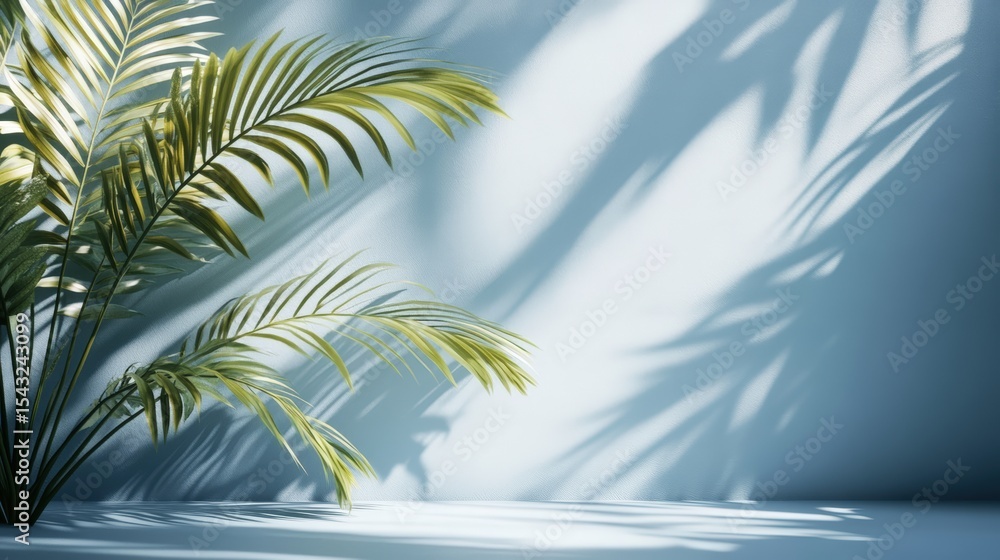 Green palm leaves casting shadows on a light blue wall with soft, natural sunlight creating a serene and minimalist ambiance. Green palm leaves casting shadows on a light blue wall with soft, natural sunlight creating a serene and minimalist ambiance.